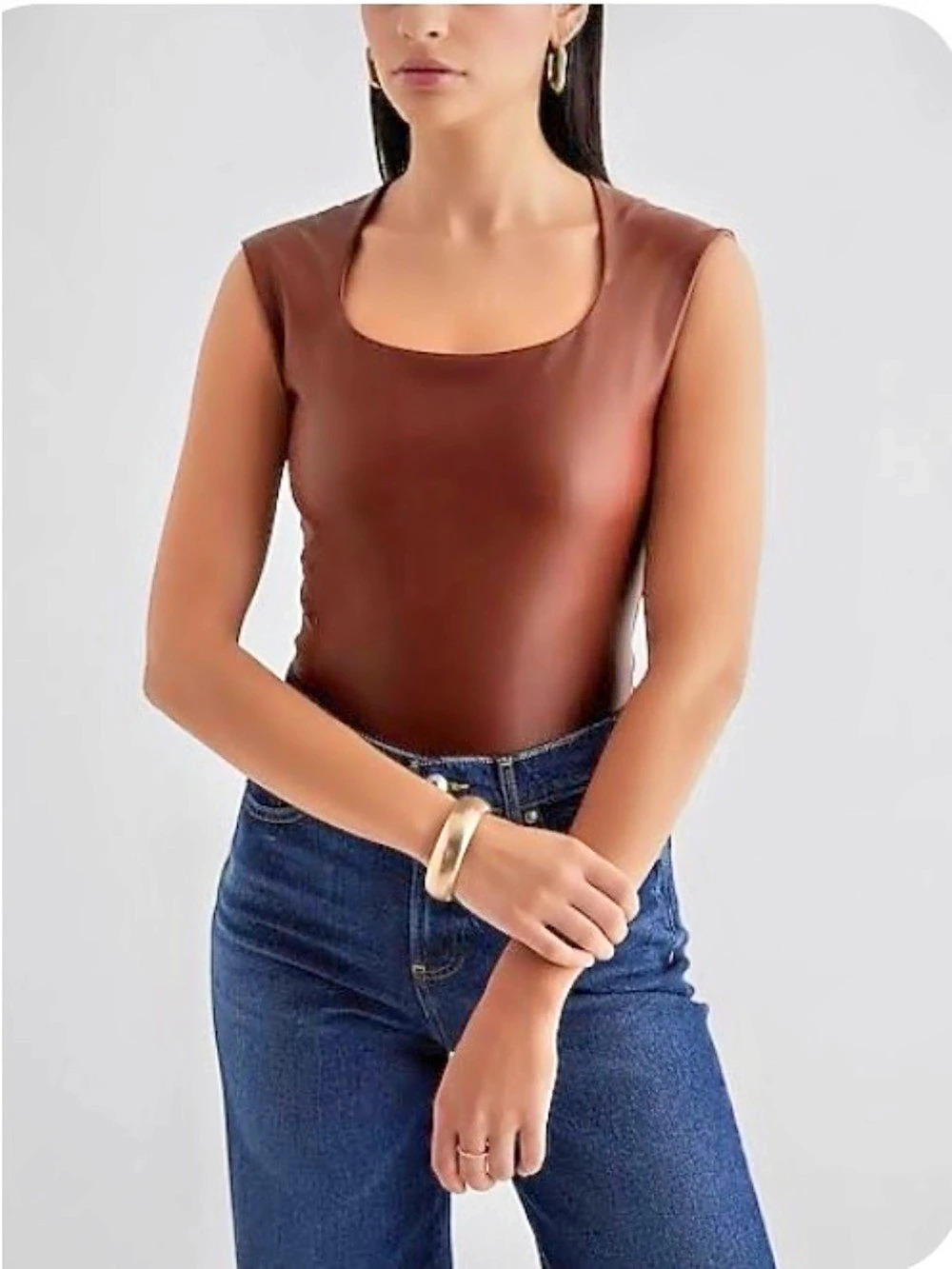 Express Body Contour Faux Leather Scoop Neck Bodysuit Brown Medium